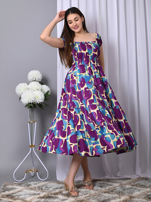 ZWERLON Women Fit and Flare Purple Midi/Calf Length Dress