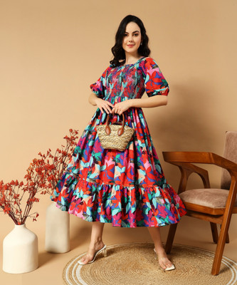 Raiyani Enterprise Women Fit and Flare Multicolor Midi/Calf Length Dress
