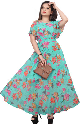 QUEUEE Women Fit and Flare Light Blue Maxi/Full Length Dress