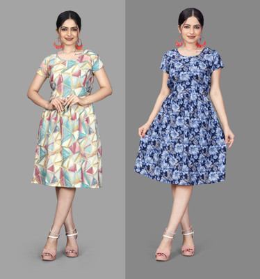 Madhave Women Fit and Flare Multicolor Knee Length Dress