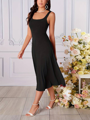 Areca Designer Women Fit and Flare Black Midi/Calf Length Dress