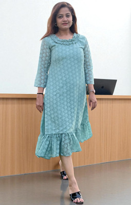 Bhanderi Creation Women A-line Light Green Below Knee Dress