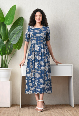ichaa Women Fit and Flare Blue Midi/Calf Length Dress