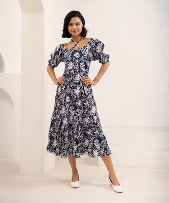 AASK Women Fit and Flare Dark Blue Midi/Calf Length Dress