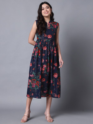 DECKEDUP Women Fit and Flare Blue Midi/Calf Length Dress