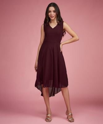 Miss Chase Women Fit and Flare Maroon Above Knee/Mid Thigh Length Dress