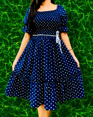 LuxeStyle Women Fit and Flare Dark Blue, White Knee Length Dress