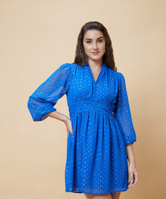 Globus Women Fit and Flare Blue Above Knee/Mid Thigh Length Dress