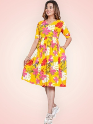 K K CREATION Women Gown Yellow Knee Length Dress