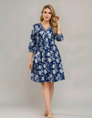 GonerDham Women A-line Blue Midi/Calf Length Dress