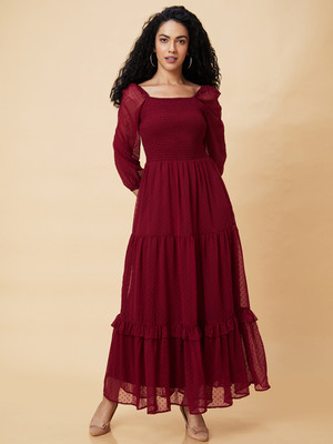 Globus Women Fit and Flare Maroon Maxi/Full Length Dress