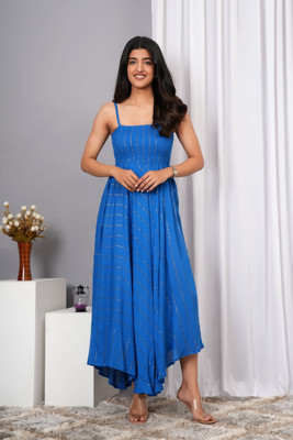 VYMO Women Fit and Flare Blue Maxi/Full Length Dress