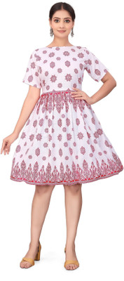 HouseOfCommon Women Fit and Flare Red, White Above Knee/Mid Thigh Length Dress