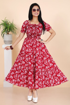 DULHAAN SAREES Women A-line Maroon Maxi/Full Length Dress