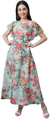 HouseOfCommon Women Fit and Flare Light Green Maxi/Full Length Dress