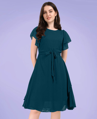 I KHODAL TRADING Women Fit and Flare Blue Knee Length Dress