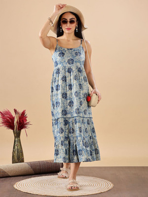 ANOUK Women Fit and Flare Blue Midi/Calf Length Dress