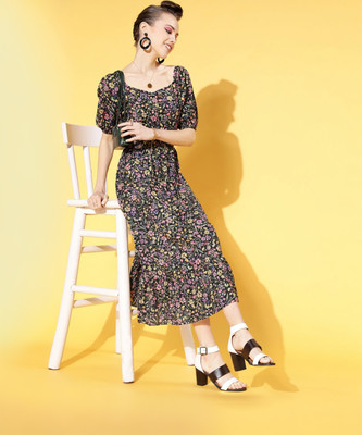 ATHENA Women Fit and Flare Black Midi/Calf Length Dress