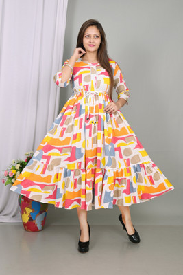 ITC FASHION Women Fit and Flare Yellow Midi/Calf Length Dress