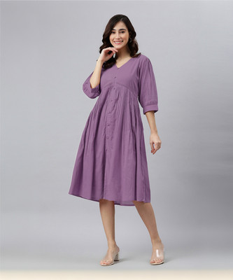 Janasya Women Fit and Flare Purple Midi/Calf Length Dress