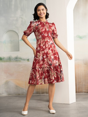 AASK Women Fit and Flare Maroon Midi/Calf Length Dress