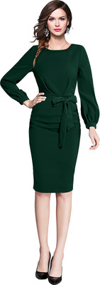 HEER FASHION Women Bodycon Green Knee Length Dress