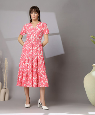 Wordope Women Fit and Flare Pink Midi/Calf Length Dress