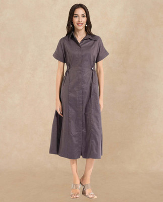 RAREISM Women Fit and Flare Grey Midi/Calf Length Dress