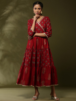 Abhishtitextile Women Fit and Flare Red Maxi/Full Length Dress