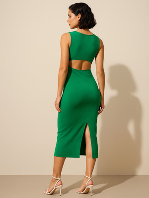SASSAFRAS Women Bodycon Green Midi/Calf Length Dress