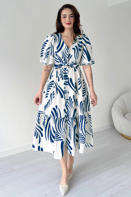 Ompax Women A-line Blue, White Below Knee Dress