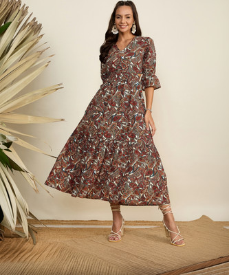 WineRed Women Fit and Flare Brown Midi/Calf Length Dress