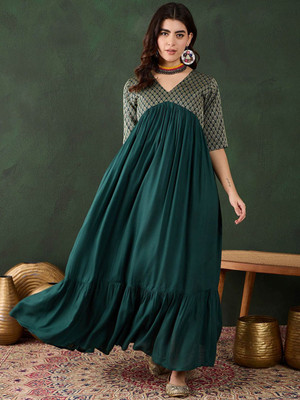 Sangria Women Fit and Flare Green Maxi/Full Length Dress