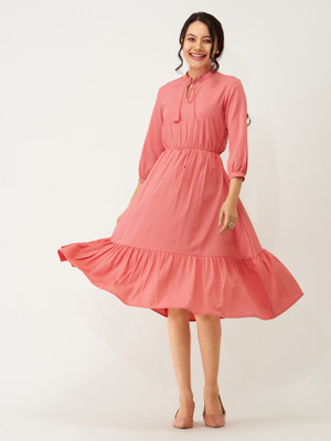 AASK Women Fit and Flare Pink Midi/Calf Length Dress