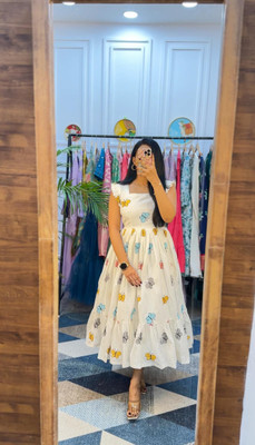 Sirho Women Fit and Flare White Midi/Calf Length Dress