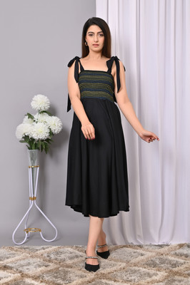 VYMO Women Fit and Flare Black Below Knee Dress