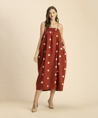 moomaya Women A-line Brown, White Midi/Calf Length Dress