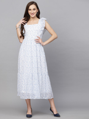 AAYU Women Fit and Flare White, Blue Midi/Calf Length Dress