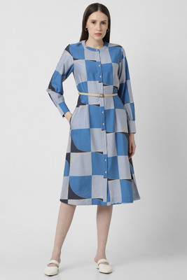 VAN HEUSEN Women Fit and Flare Blue, Grey Knee Length Dress