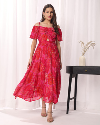 HouseOfCommon Women Fit and Flare Red Midi/Calf Length Dress