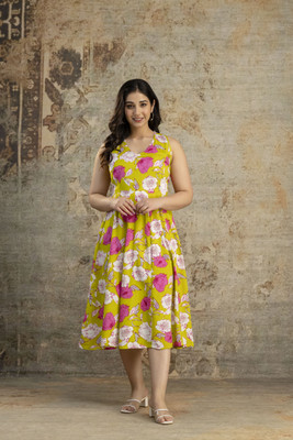 Sanjh Women A-line Yellow Midi/Calf Length Dress