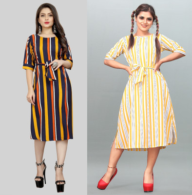 Hiral Creation Women Fit and Flare Yellow, Dark Blue Below Knee Dress