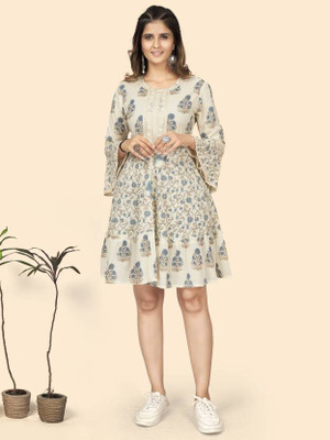 VBUYZ Women Fit and Flare White, Blue, Beige Knee Length Dress