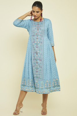 soch Women Fit and Flare Light Blue Midi/Calf Length Dress