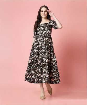 Selvia Women Fit and Flare Black, Multicolor Midi/Calf Length Dress