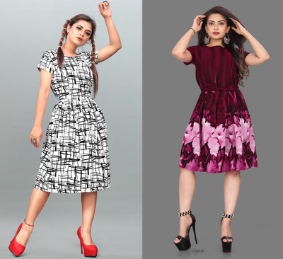 Hiral Creation Women Fit and Flare White Knee Length Dress