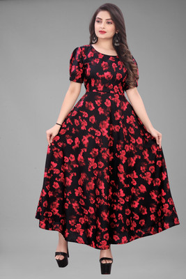 ZOPDI Women A-line Black, Red Maxi/Full Length Dress