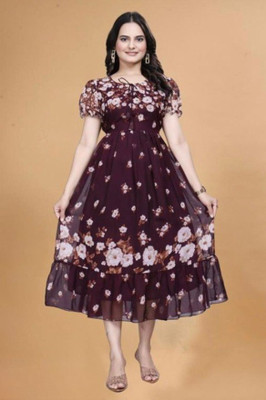 Vanray Fashion Women Fit and Flare Multicolor Midi/Calf Length Dress