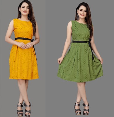 tanvi creation Women Fit and Flare Yellow, Green, Black Dress