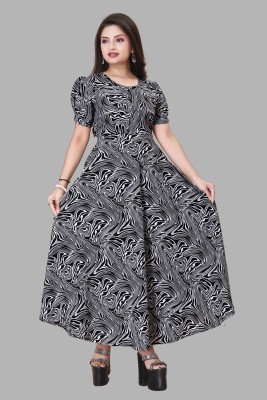 Glolick Women A-line Black, White Dress